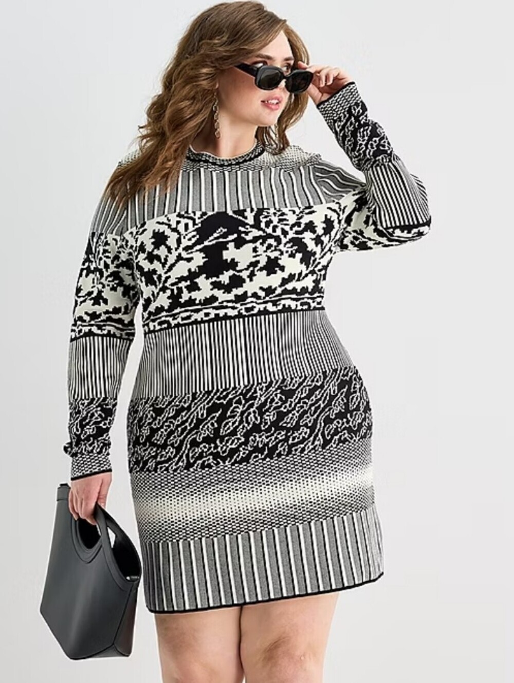Ashley Graham Crew Neck Long Sleeve Fitted Jacquard Bodycon Dress - Picture 3 of 12